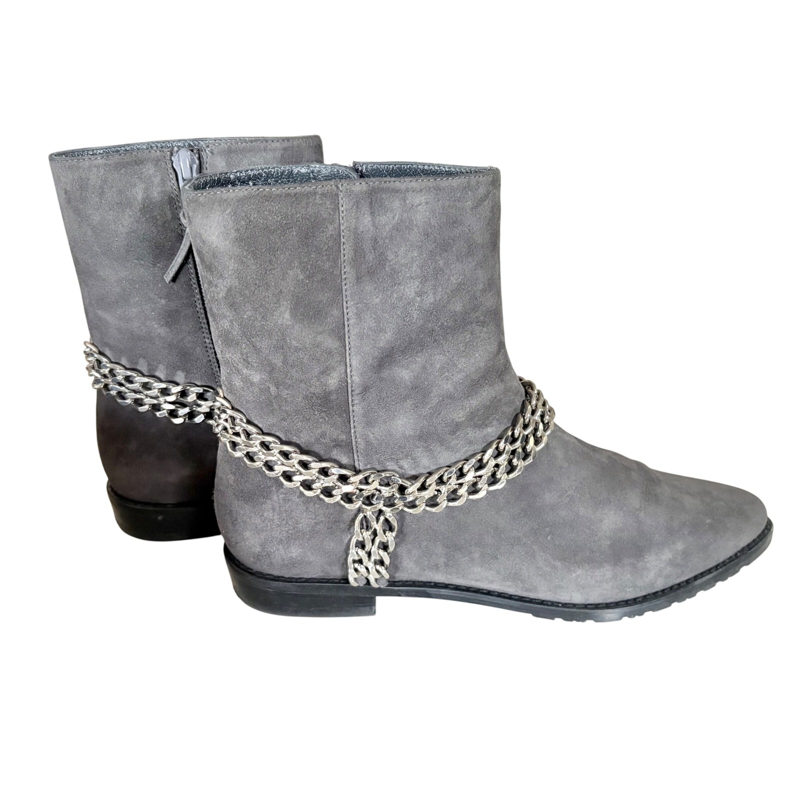 $575 Stuart Weitzman Suede Chainit Ankle Boots Slate Gray Leather Booties Sz 6.5